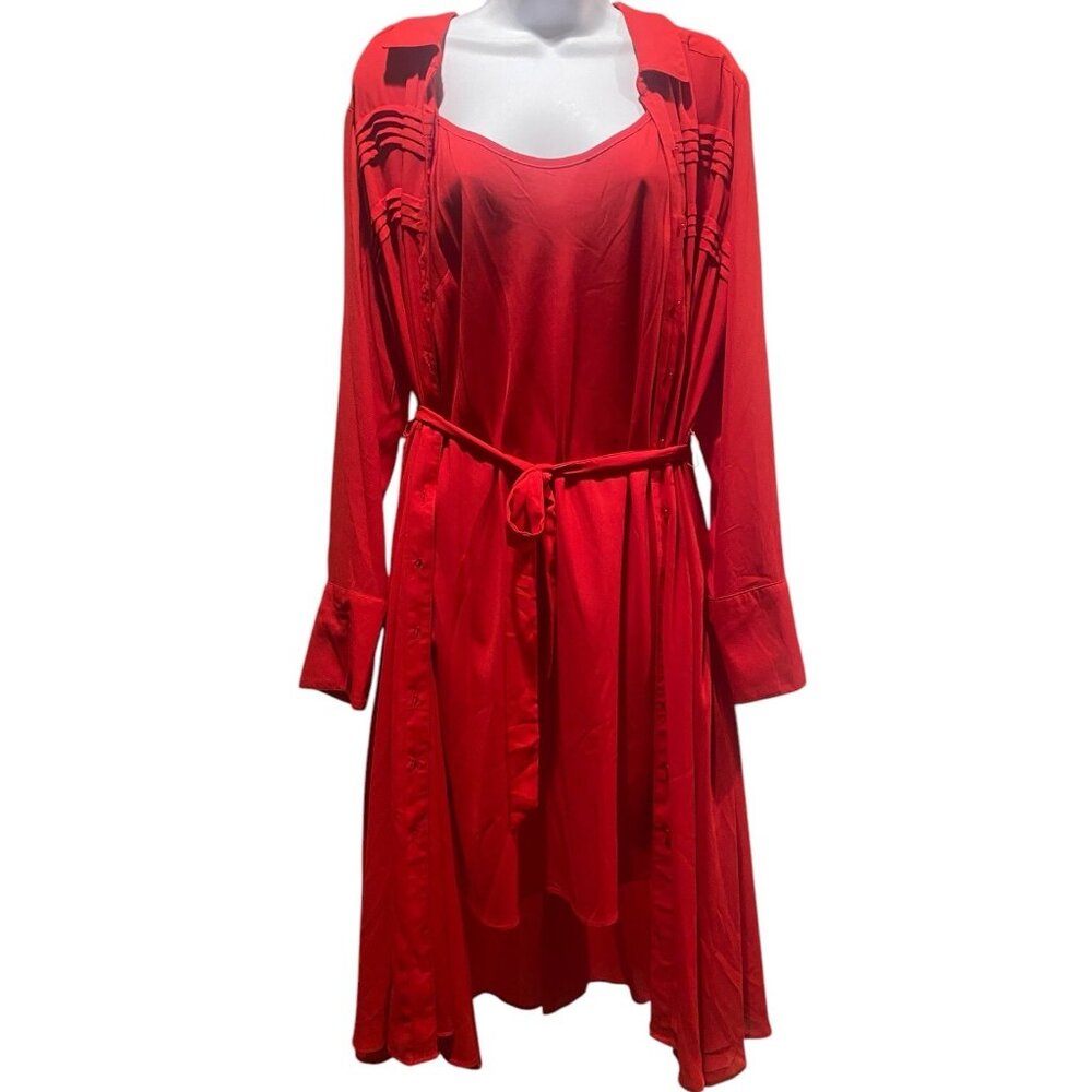 Nanette Lepore Shirt Dress Womens 14 Red Long Sleeve Collared Button Front 2 Pc - Picture 4 of 16